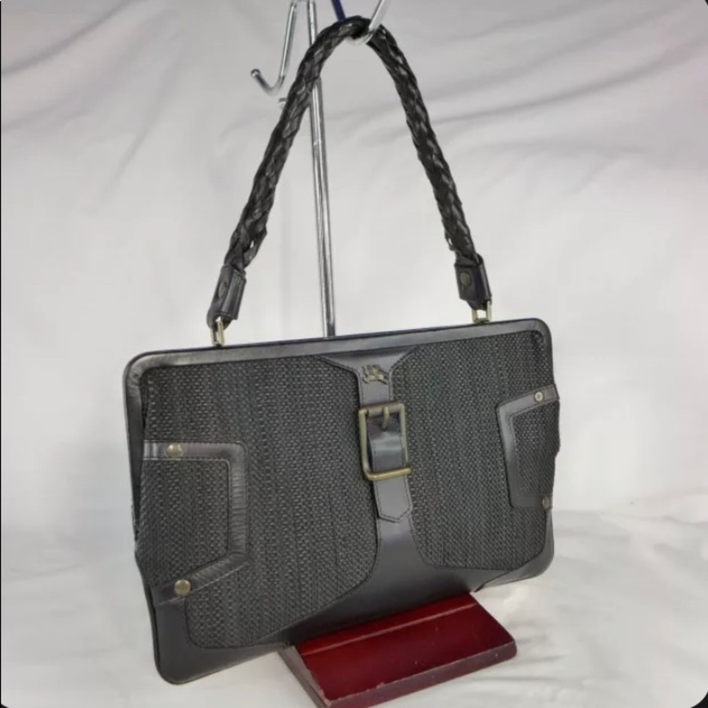 Burberry Black Leather/Canvas Small Tote Handbag